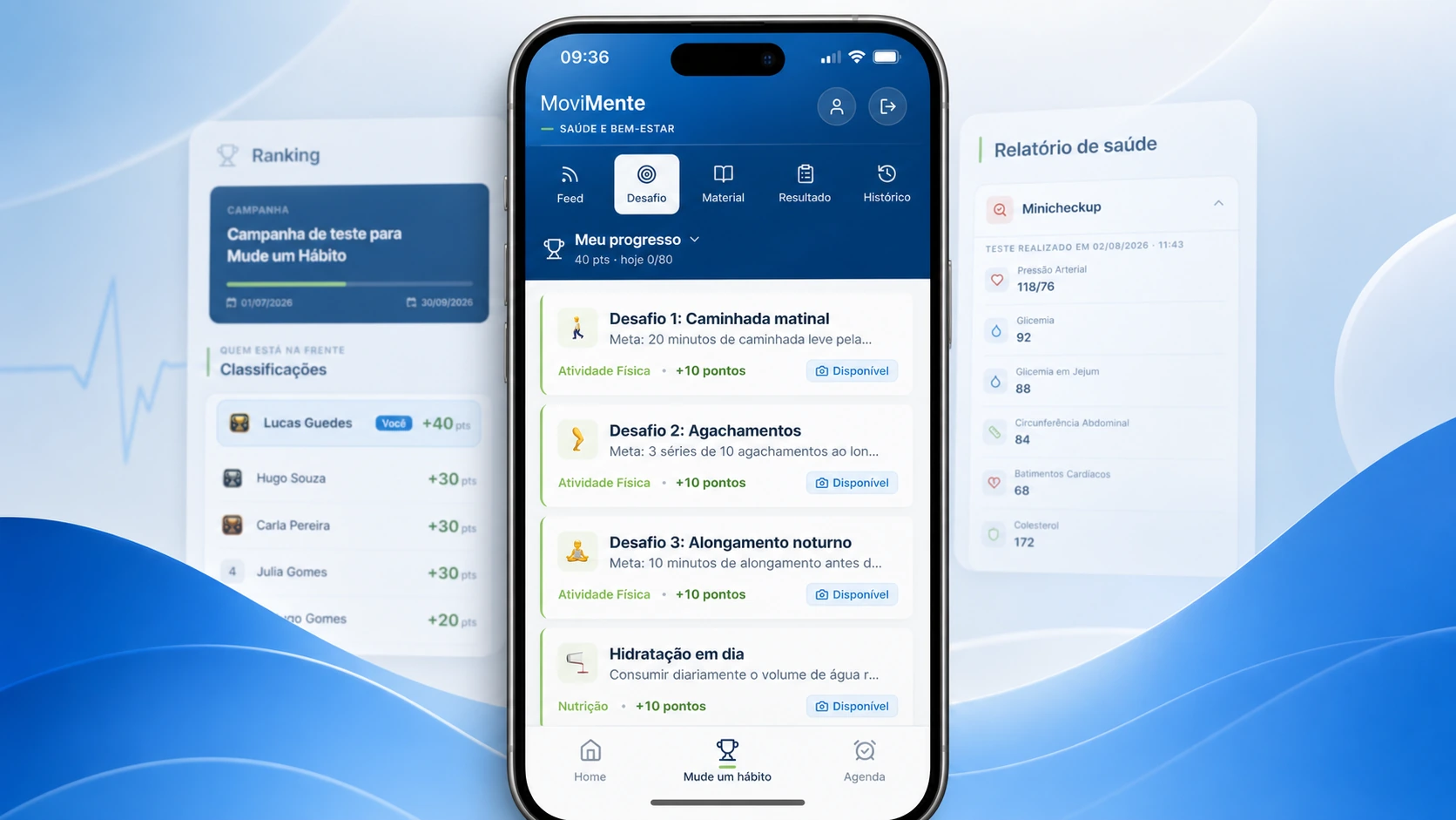 Tela do aplicativo MoviMente com desafios de saúde e bem-estar