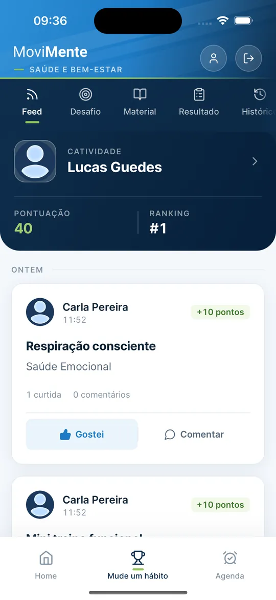 App Movimente: feed de participação e pontuação acumulada no ciclo