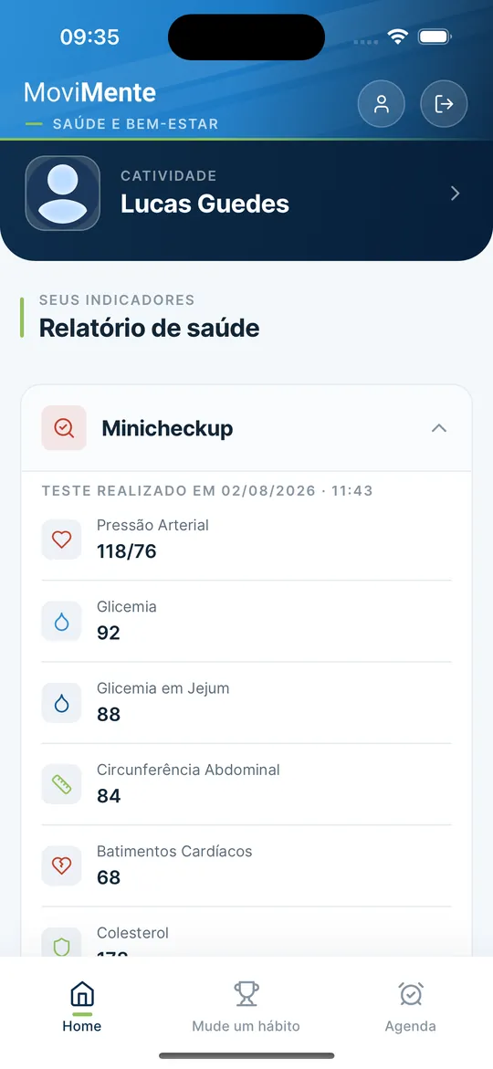 App Movimente: relatório individual: pressão, glicemia e colesterol